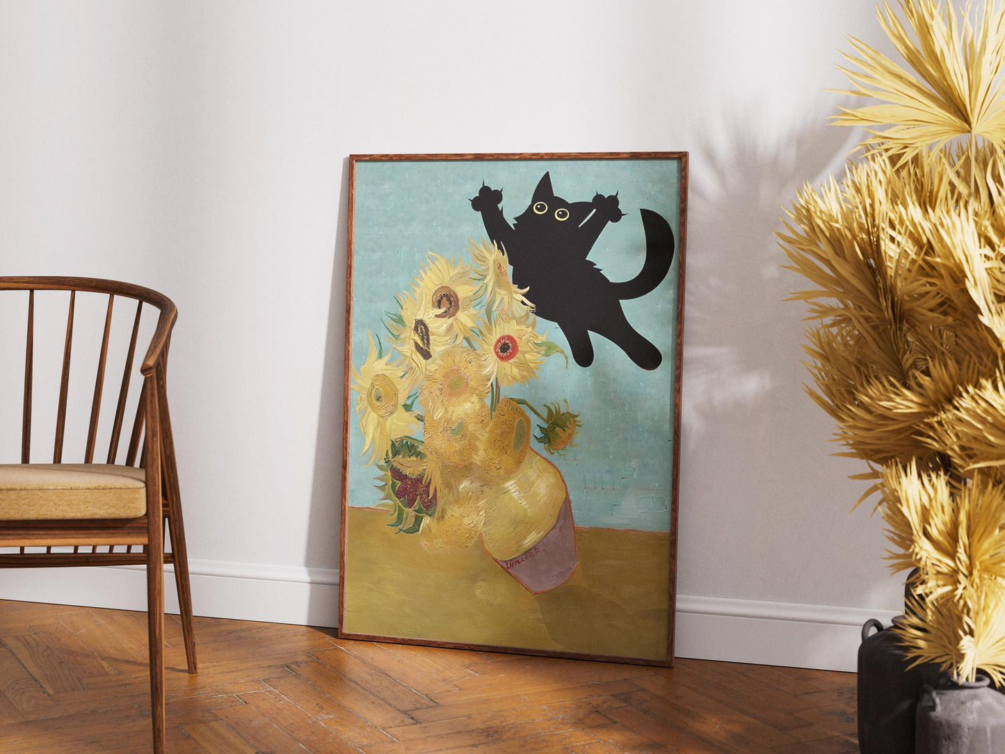 Cat Print Wall Art Poster - Van Gogh Sunflowers Still Life Funny Gift for Cat Lovers, Unique Home Decor, Poster Print