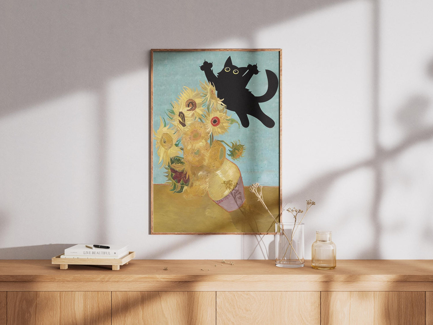 Cat Print Wall Art Poster - Van Gogh Sunflowers Still Life Funny Gift for Cat Lovers, Unique Home Decor, Poster Print