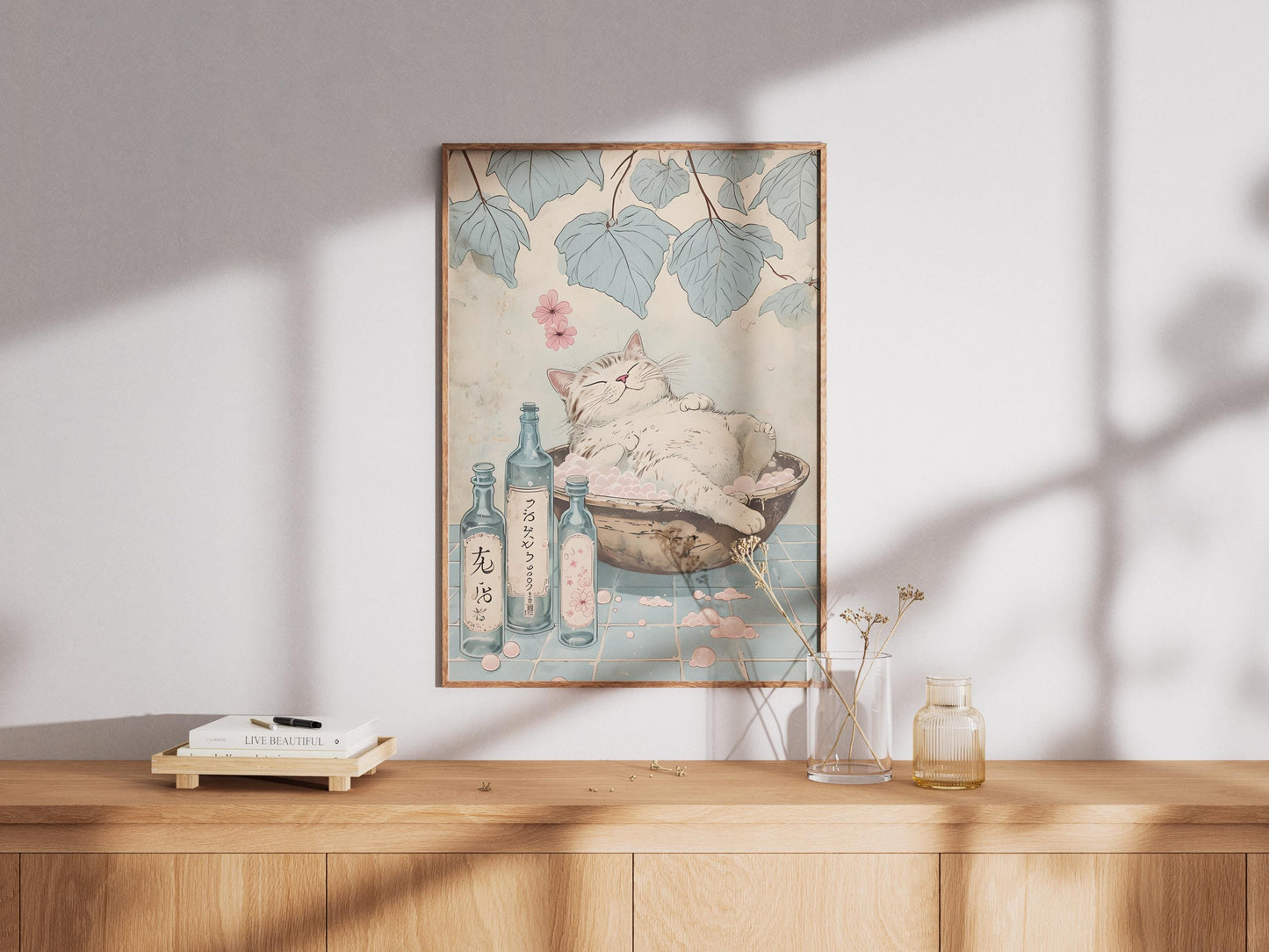 Tabby Cat in Bathtub Japanese Bathroom Decor Art Print, Aesthetic Neutral Minimalist Wall Art Poster, Japan Style Home Decor