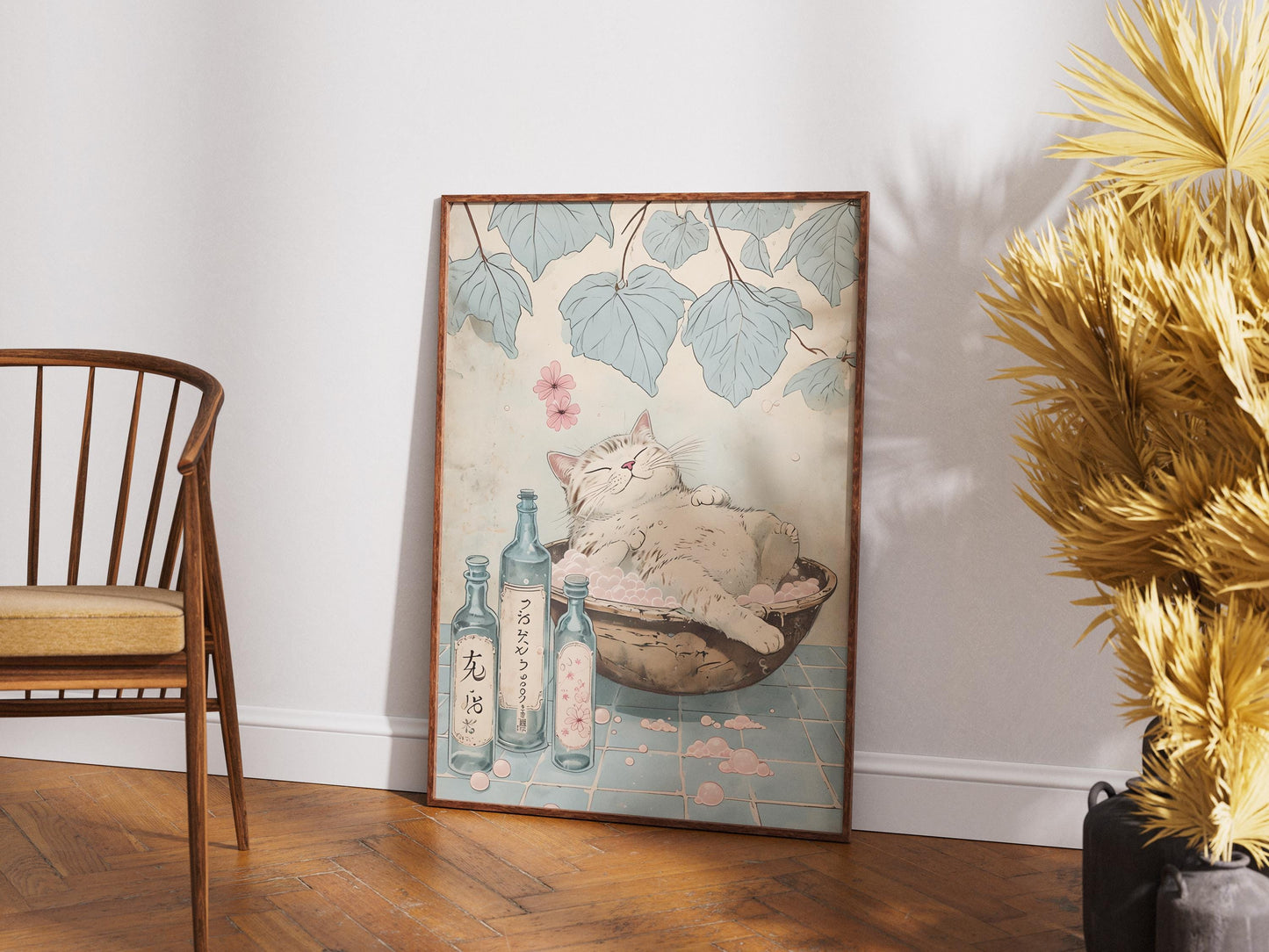 Tabby Cat in Bathtub Japanese Bathroom Decor Art Print, Aesthetic Neutral Minimalist Wall Art Poster, Japan Style Home Decor