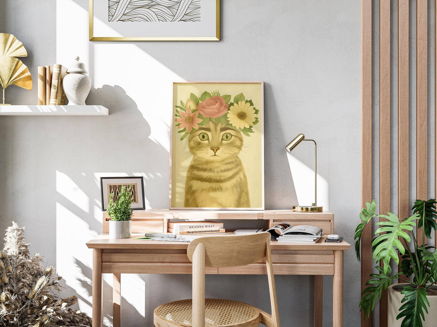 Frida Kahlo Cat Art Poster, Frida With Roses Print, Mexican Art, Modern Pink Wall Decor, Feminist Art Gift, Unframed Museum Quality