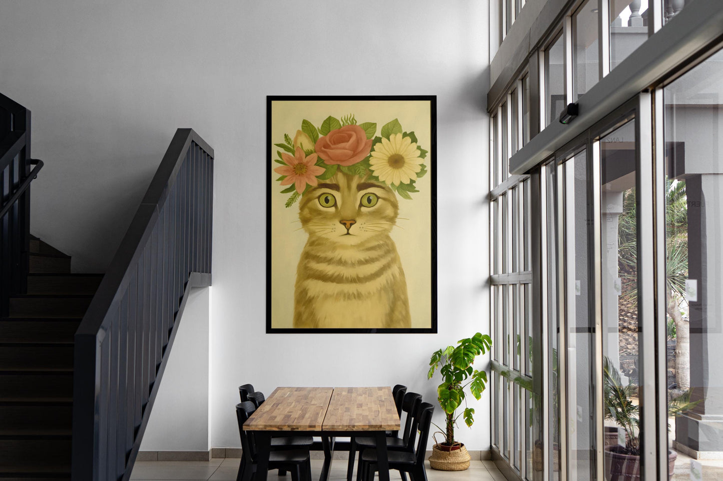 Frida Kahlo Cat Art Poster, Frida With Roses Print, Mexican Art, Modern Pink Wall Decor, Feminist Art Gift, Unframed Museum Quality