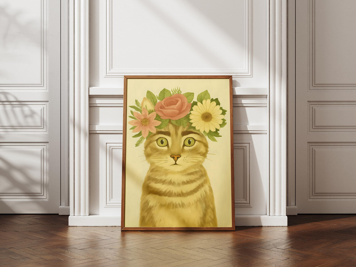 Frida Kahlo Cat Art Poster, Frida With Roses Print, Mexican Art, Modern Pink Wall Decor, Feminist Art Gift, Unframed Museum Quality