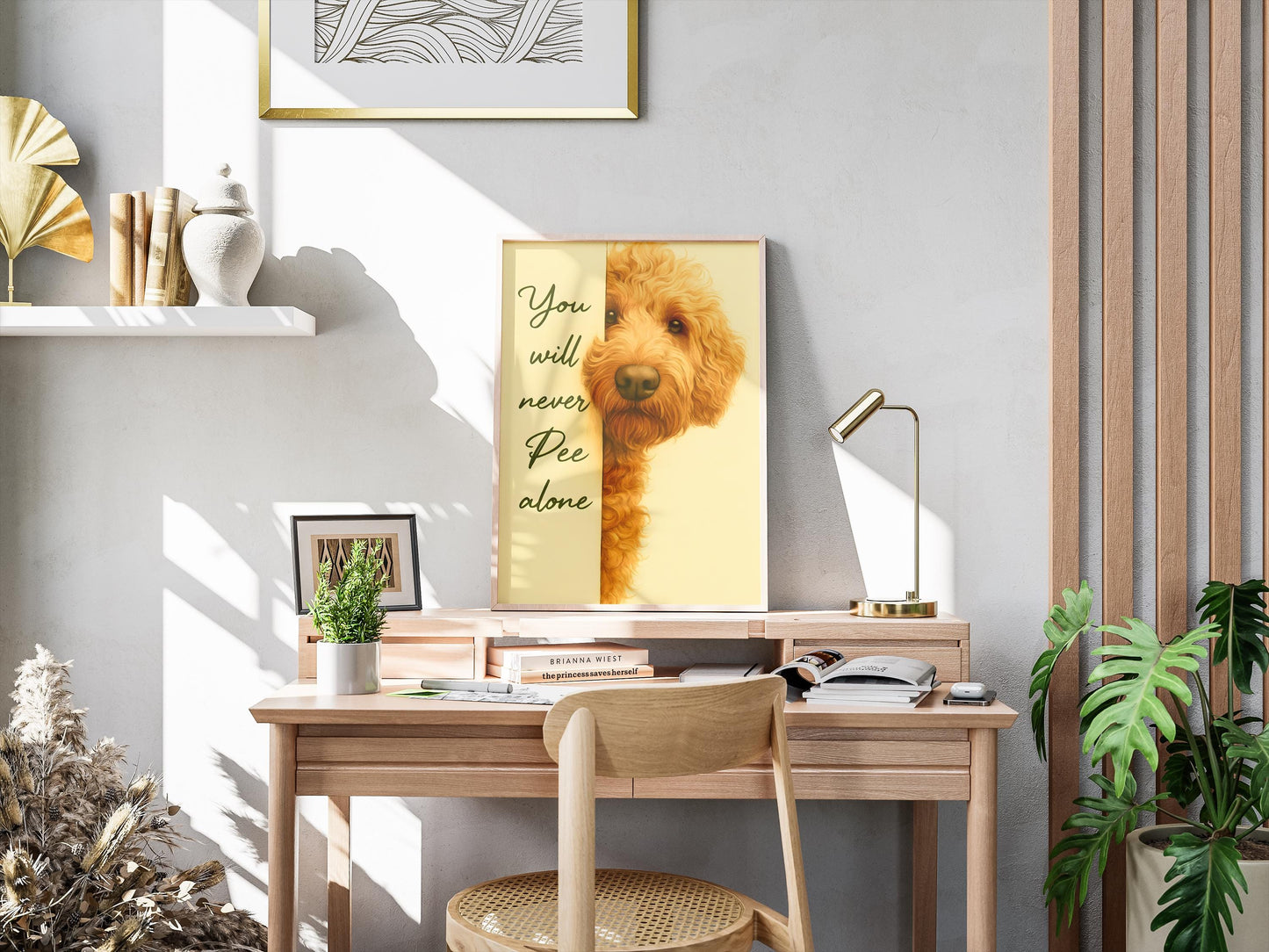 Funny Goldendoodle Bathroom Art, "You Will Never Pee Alone" Print, Dog Lover Gift, Humorous Pet Wall Decor, Golden Doodle Poster, Poster