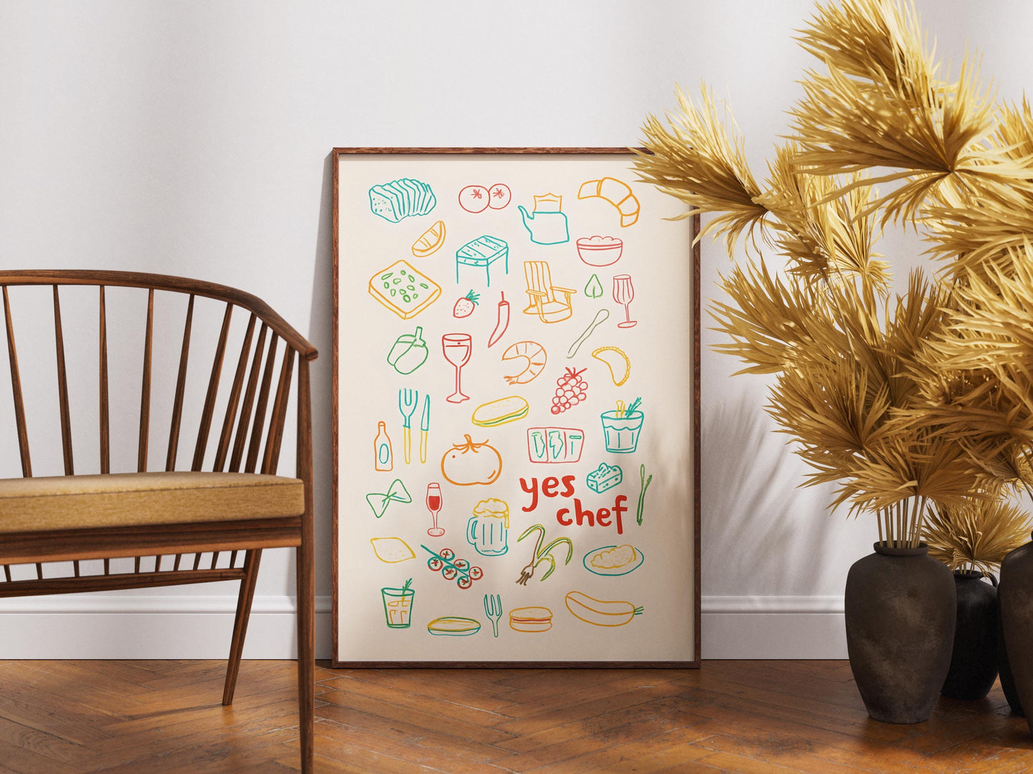 Yes Chef Print, Funny Kitchen Wall Art, Doodle Dog Poster, Minimalist Dining Room Decor, Chef Gift, Girly Apartment Art