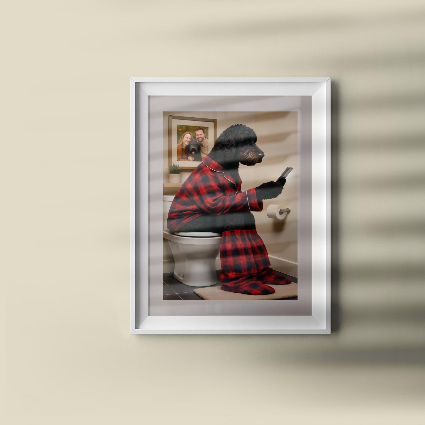 Black Golden Doodle Bathroom Wall Art - Funny Dog on Toilet Print, Animal Loo Sign, Poodle Ensuite Gift, Tartan Pyjamas Phone Quote Decor