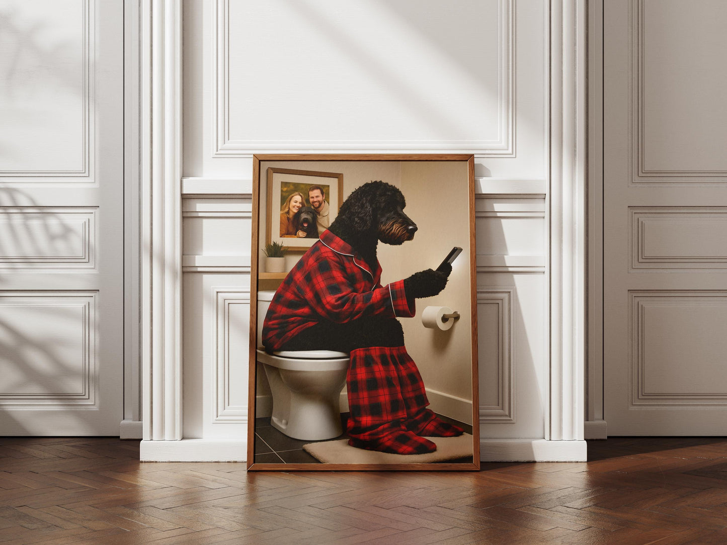 Black Golden Doodle Bathroom Wall Art - Funny Dog on Toilet Print, Animal Loo Sign, Poodle Ensuite Gift, Tartan Pyjamas Phone Quote Decor