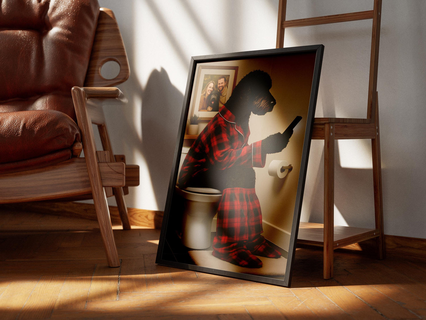 Black Golden Doodle Bathroom Wall Art - Funny Dog on Toilet Print, Animal Loo Sign, Poodle Ensuite Gift, Tartan Pyjamas Phone Quote Decor