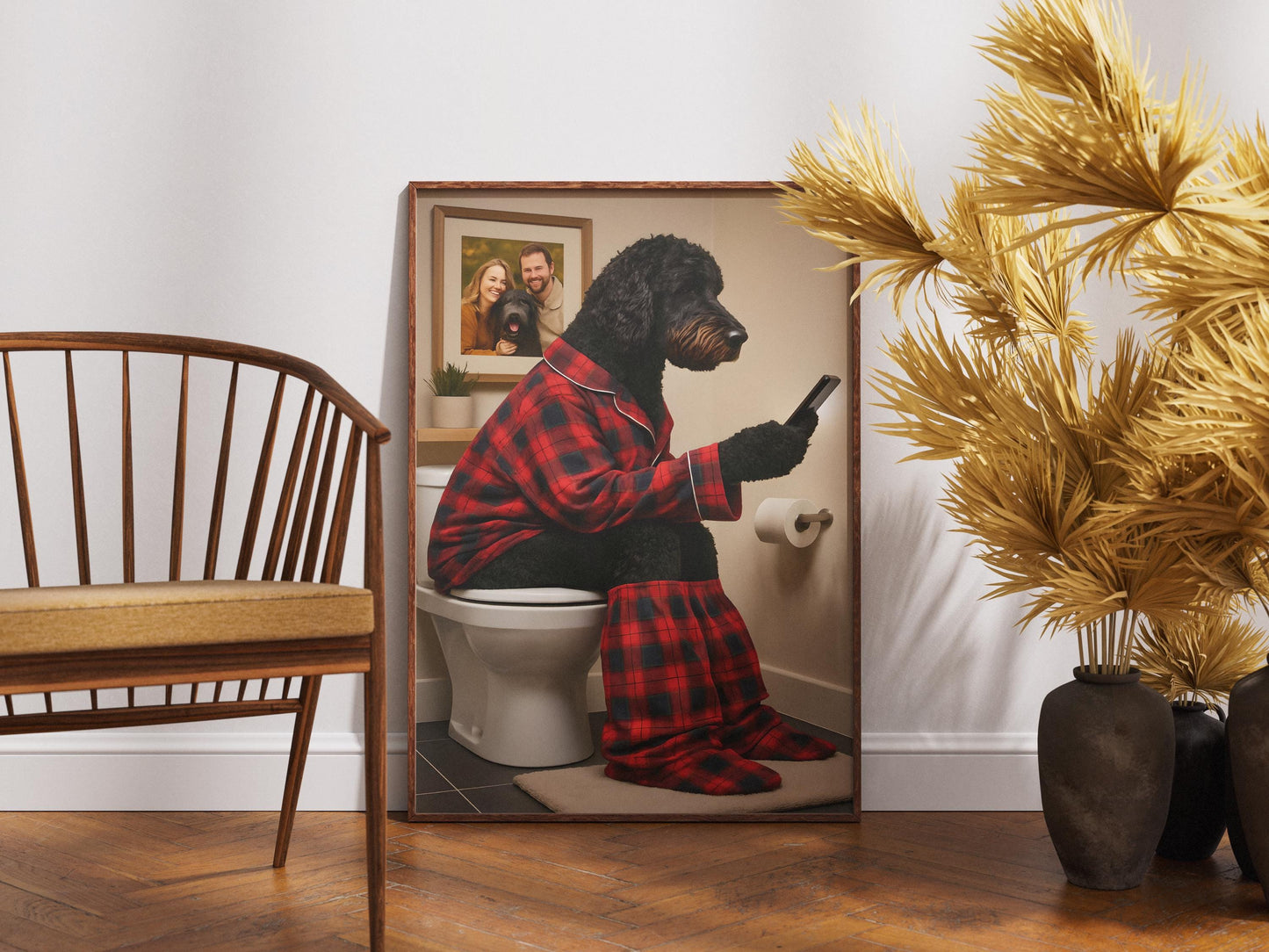 Black Golden Doodle Bathroom Wall Art - Funny Dog on Toilet Print, Animal Loo Sign, Poodle Ensuite Gift, Tartan Pyjamas Phone Quote Decor