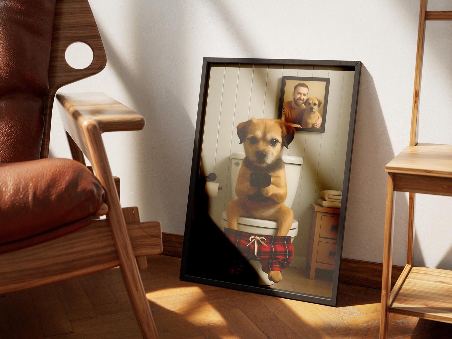 Border Terrier On Toilet Print, Funny Dog Bathroom Art, Humorous Pet Loo Decor, Dog Texting Phone, Terrier Lover Gift, Animal Wall Art