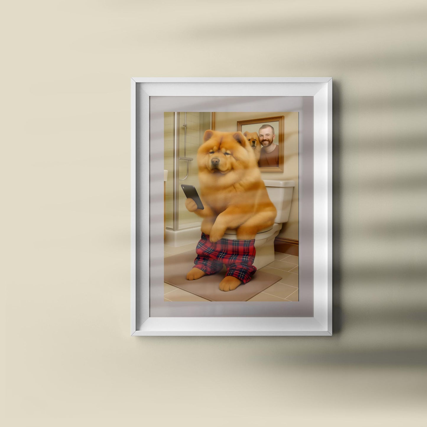 Chow Toilet Art Print – Funny Dog on Toilet Bathroom Wall Decor, Humorous Pet Portrait Gift for Dog Lovers