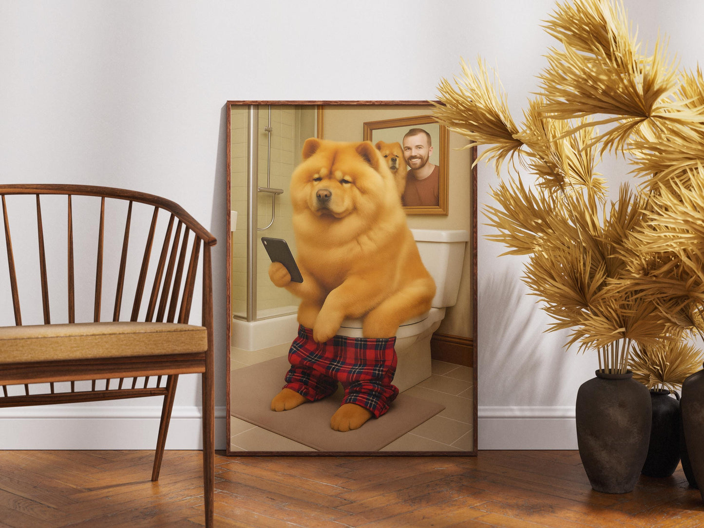 Chow Toilet Art Print – Funny Dog on Toilet Bathroom Wall Decor, Humorous Pet Portrait Gift for Dog Lovers