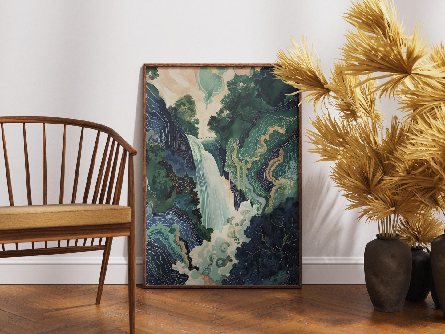 Ukiyo-e Poster Hokusai Japanese Waterfall Art Print, Blue Green Wall Decor, Japanese Home Print