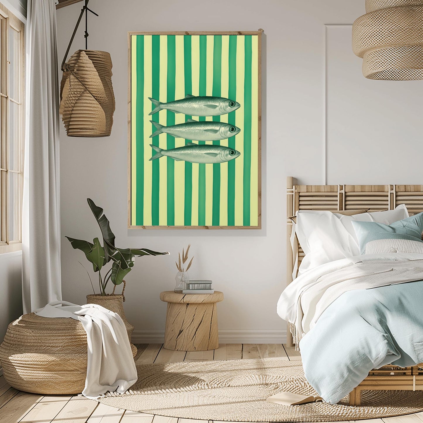 Sardines Print Art for Coastal Home Decor, Nautical Fish Wall Art, Beach House Blue Stripes Poster, Funky Fisherman Aesthetic