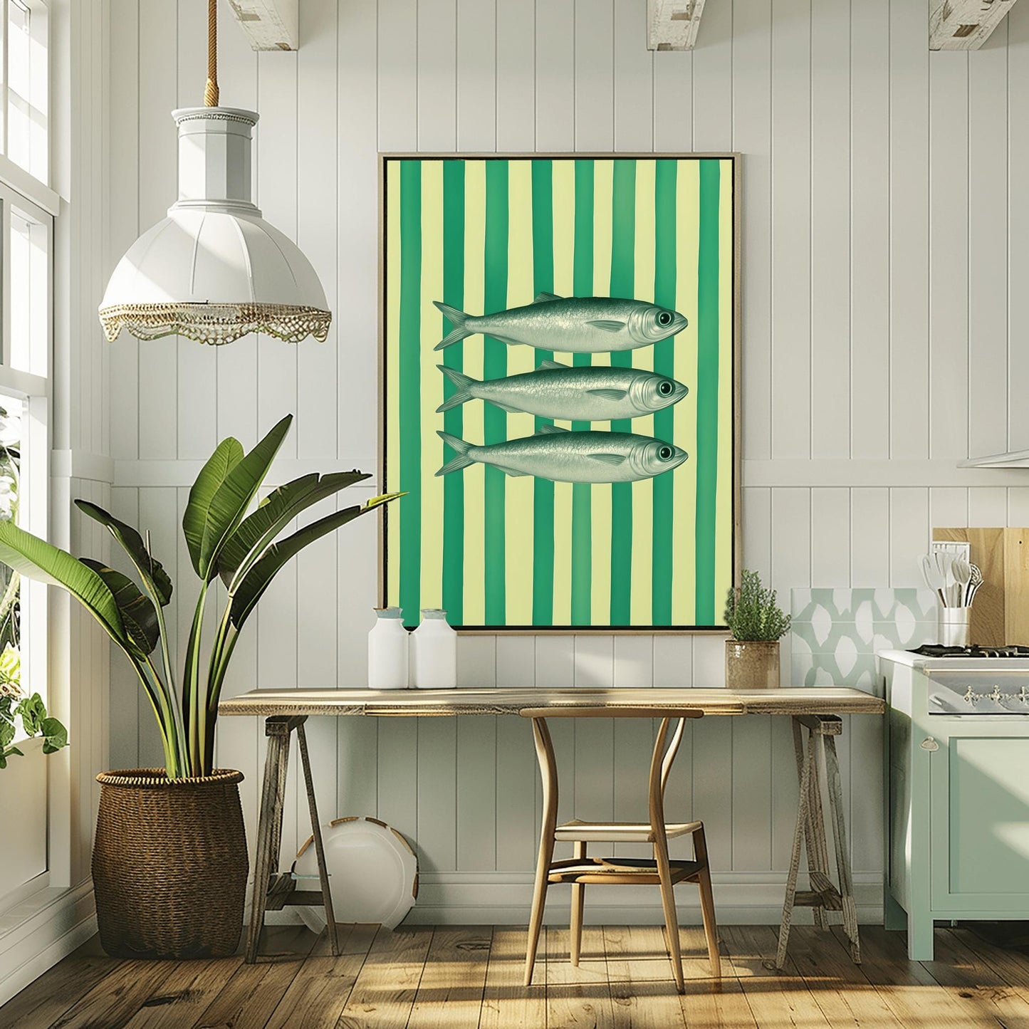 Sardines Print Art for Coastal Home Decor, Nautical Fish Wall Art, Beach House Blue Stripes Poster, Funky Fisherman Aesthetic