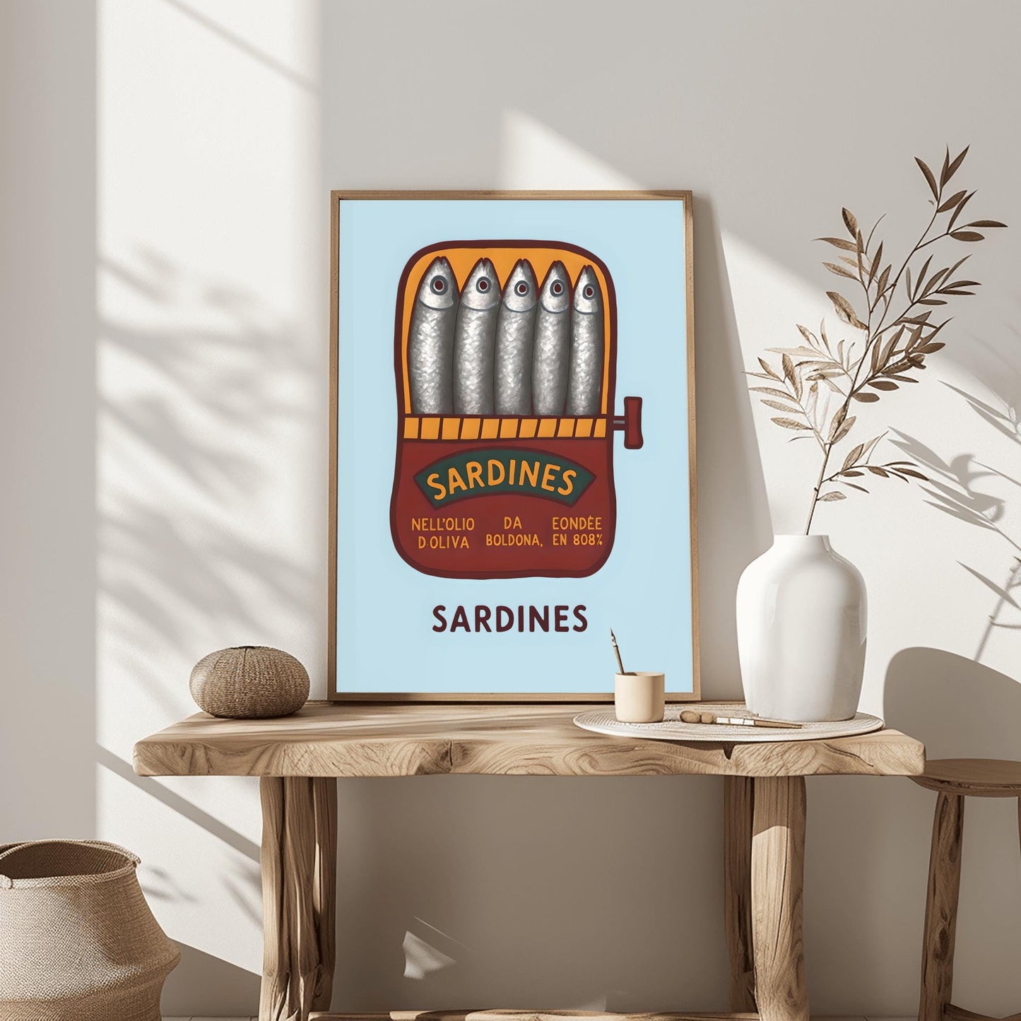 Sardines Hand Drawn Art Print, Retro Tinned Fish Wall Decor, Trendy Seafood Art for Modern Kitchen or Coastal Gallery
