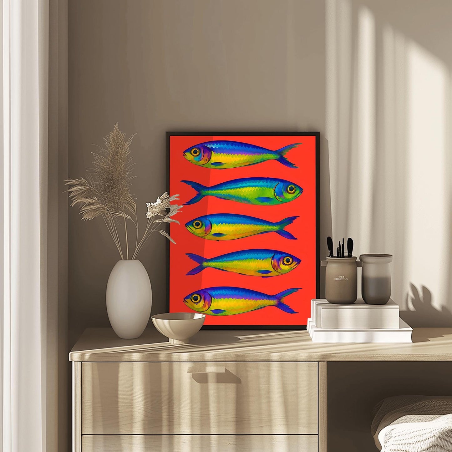 Sardines poster, Bright sardines print, Colourful house decor, Fish poster, retro decor, fish decor, kitchen decor, sardine decor, kitchen
