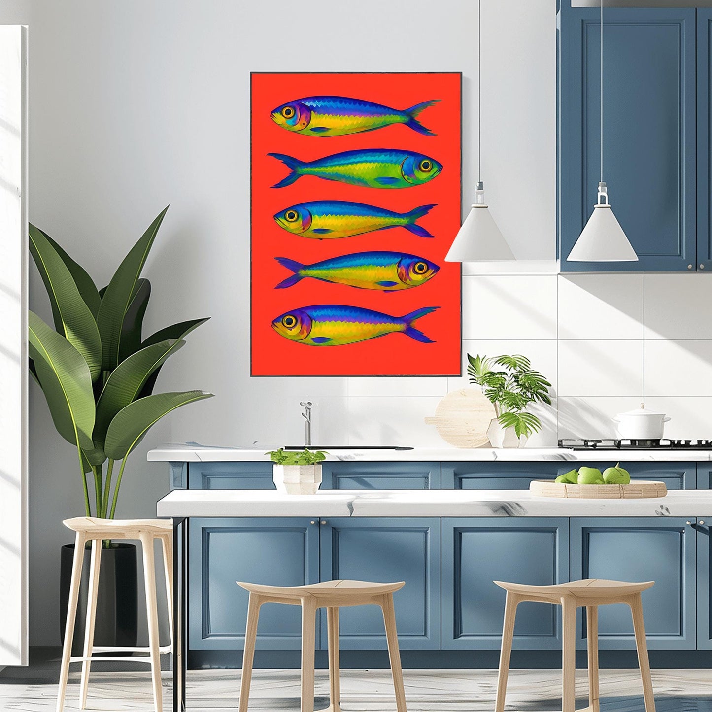 Sardines poster, Bright sardines print, Colourful house decor, Fish poster, retro decor, fish decor, kitchen decor, sardine decor, kitchen