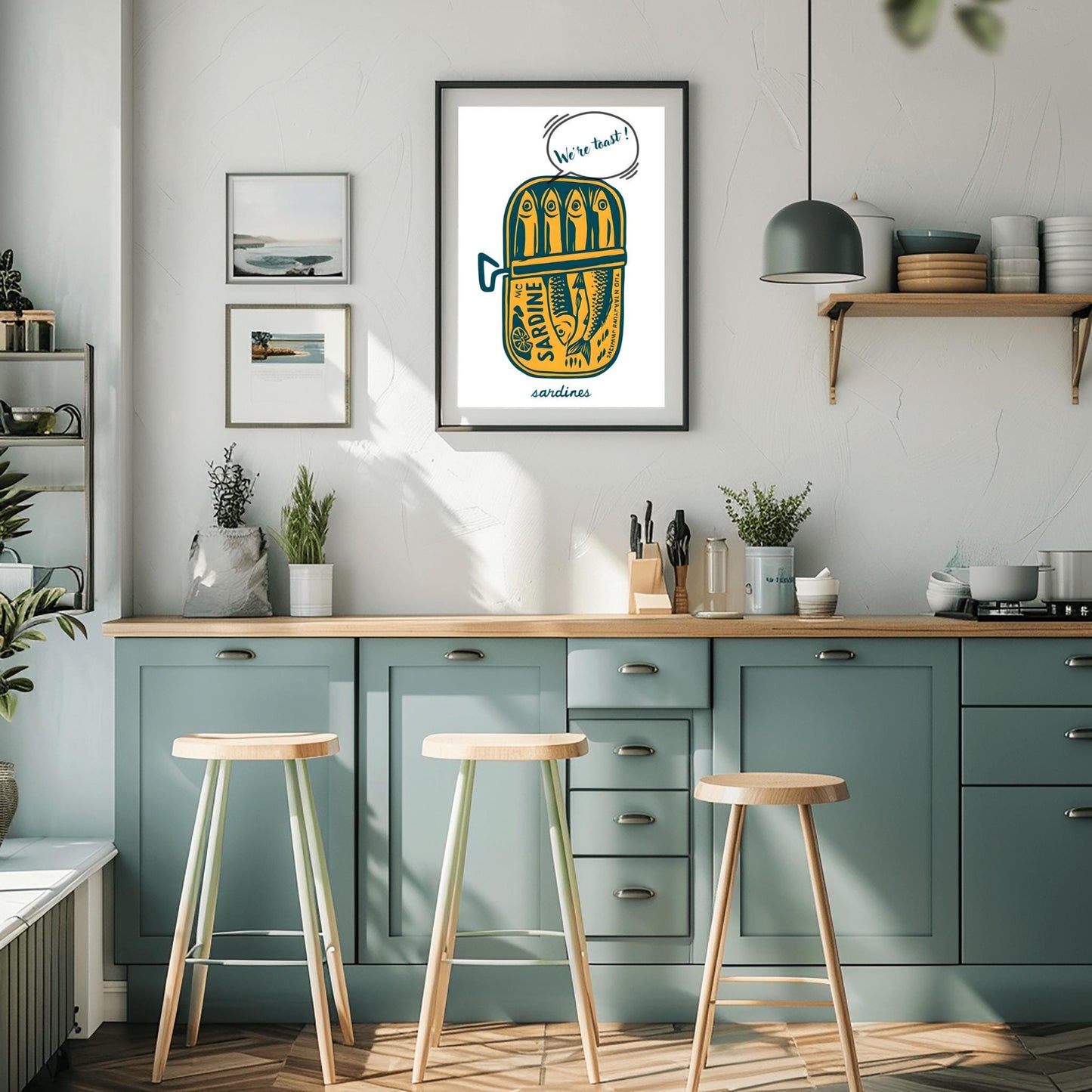 Tinned Sardines Poster Art Print, Navy Blue Retro Wall Art, Kitchen Aesthetic Decor, Trendy Sardine, Coastal Printable Art, "We're Toast"