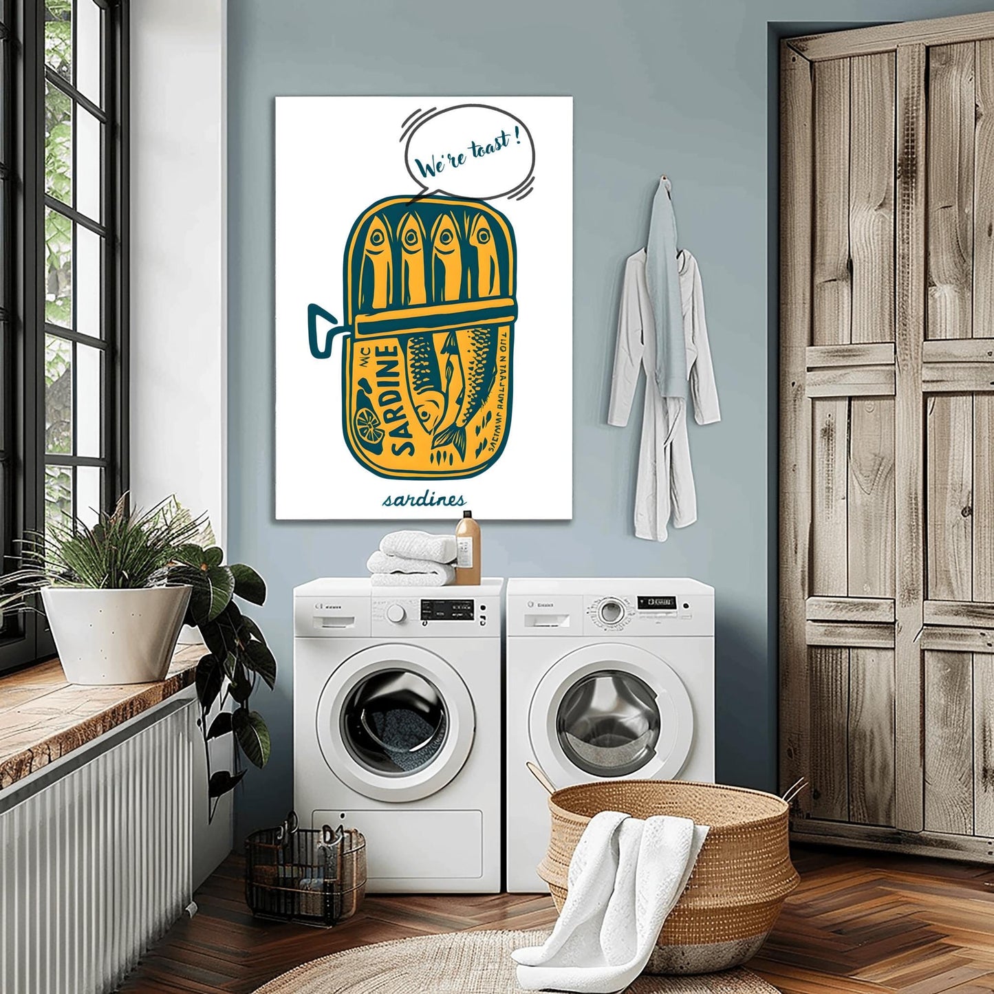 Tinned Sardines Poster Art Print, Navy Blue Retro Wall Art, Kitchen Aesthetic Decor, Trendy Sardine, Coastal Printable Art, "We're Toast"