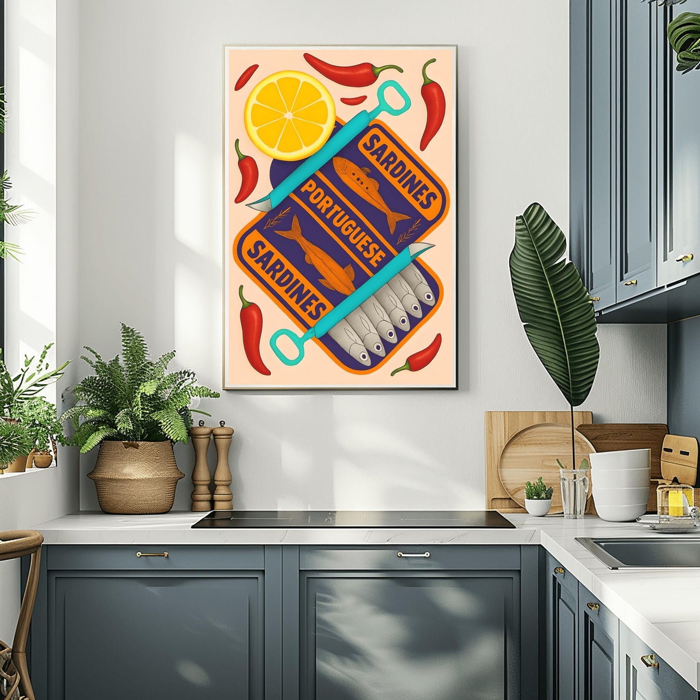 Sardines Print - Vintage Food Print - Seafood Print - Retro Food Art - Mid Century Print - Modern Kitchen Art - Trendy Orange and Navy Print