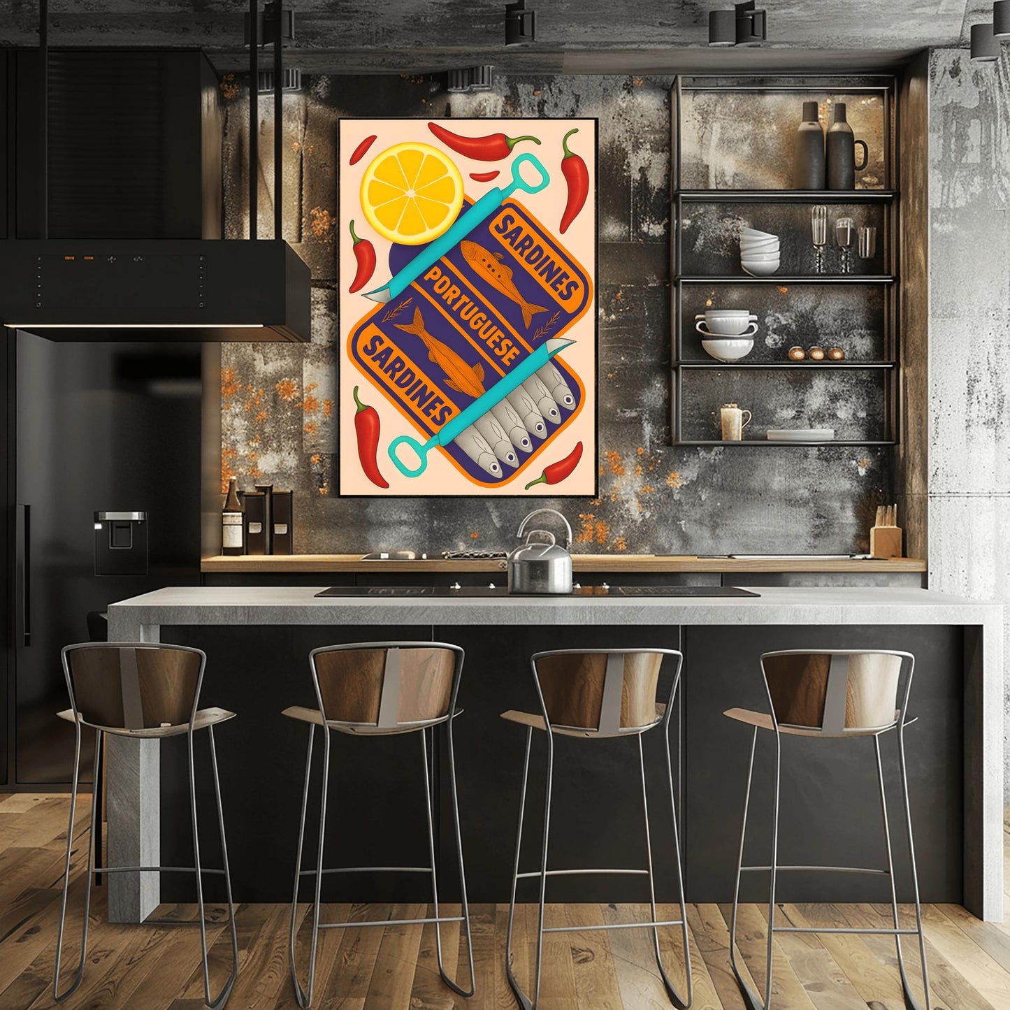 Sardines Print - Vintage Food Print - Seafood Print - Retro Food Art - Mid Century Print - Modern Kitchen Art - Trendy Orange and Navy Print