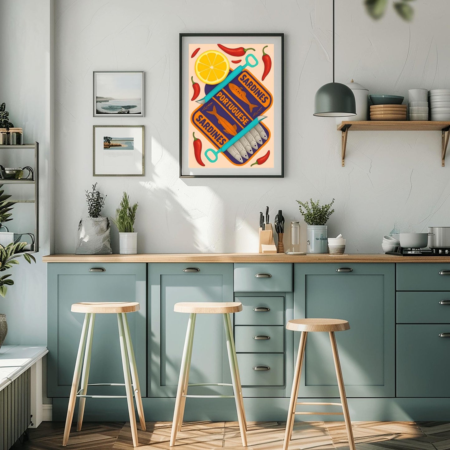 Sardines Print - Vintage Food Print - Seafood Print - Retro Food Art - Mid Century Print - Modern Kitchen Art - Trendy Orange and Navy Print