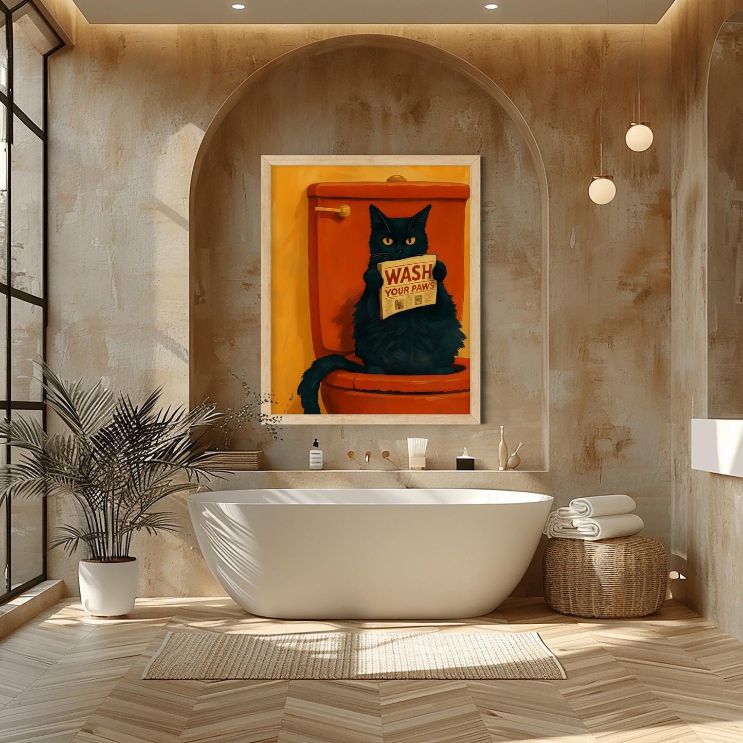 Wash Your Paws Funny Cat Art Black Cat Bathroom Decor Quirky Cat Painting Pink Toilet Humorous Cat Print Whimsical Cat Decor Cat Lover Gift