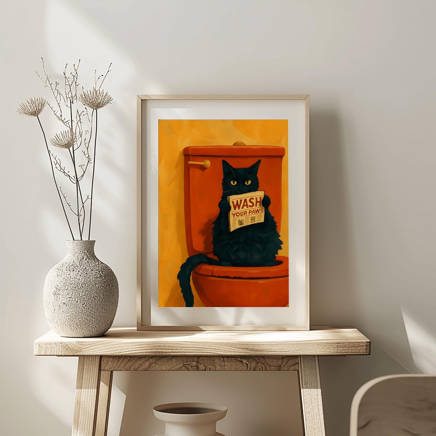 Wash Your Paws Funny Cat Art Black Cat Bathroom Decor Quirky Cat Painting Pink Toilet Humorous Cat Print Whimsical Cat Decor Cat Lover Gift