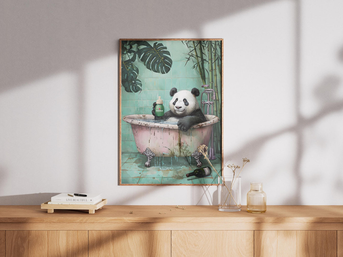 Panda Bathroom Wall Art - Funny Animal Poster with Heineken Print, Panda in Bathtub, Botanical Animal Bathroom Decor