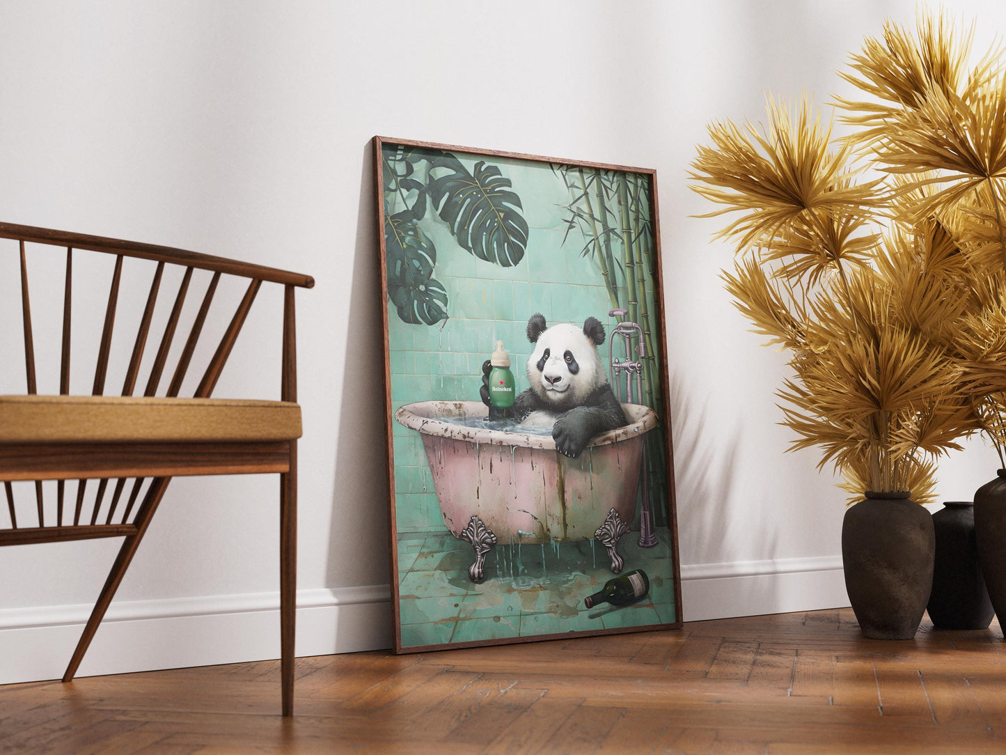 Panda Bathroom Wall Art - Funny Animal Poster with Heineken Print, Panda in Bathtub, Botanical Animal Bathroom Decor