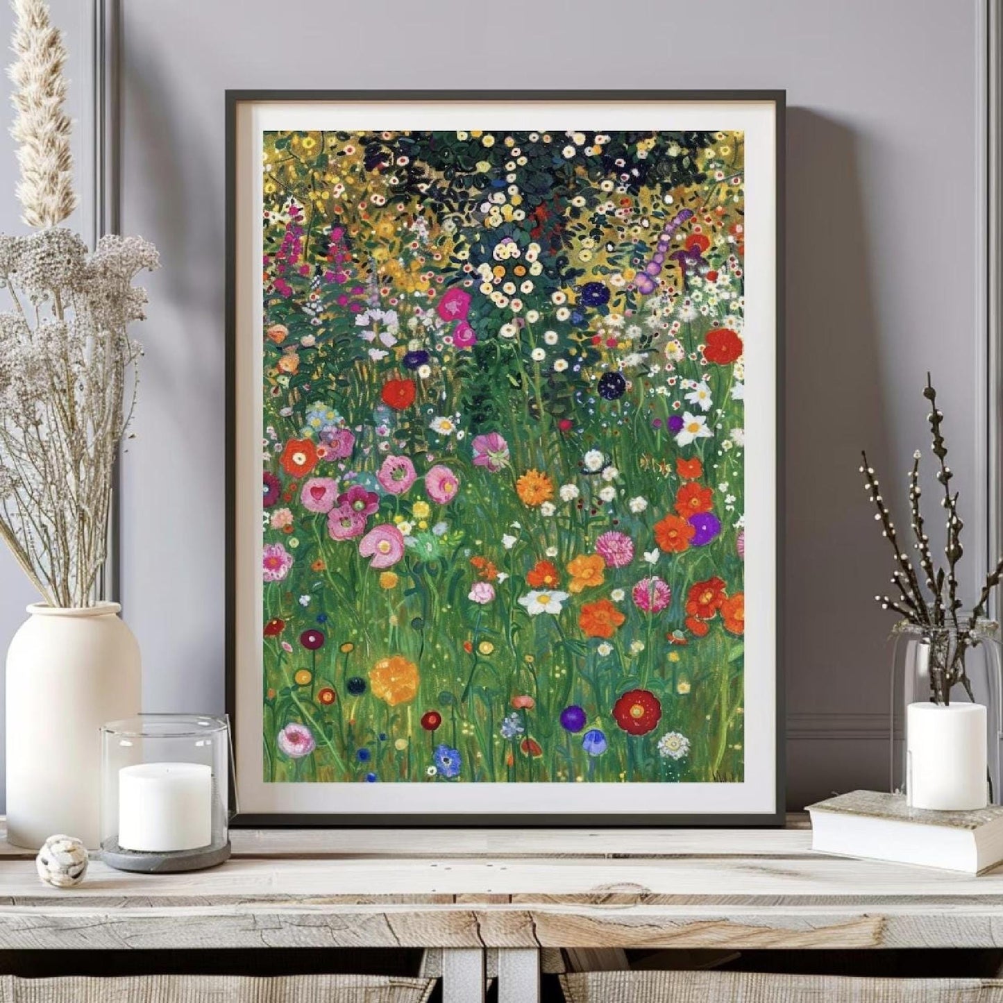 Gustav Klimt Poster, Farm Garden Print, Art Nouveau Landscape, Flower Field Art, Gold Wall Decor, Museum Quality, Unframed Print