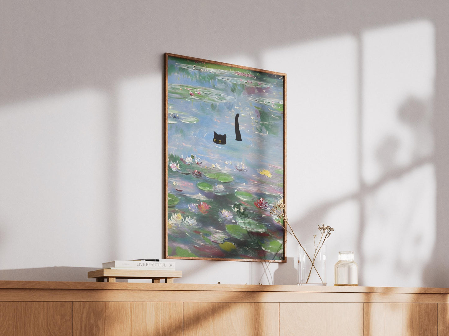 Cat Art Monet Waterlily Print, Claude Monet Style, Impressionist Wall Art, Black Cat Lover Gift, Pond Decor, Quirky Animal Painting