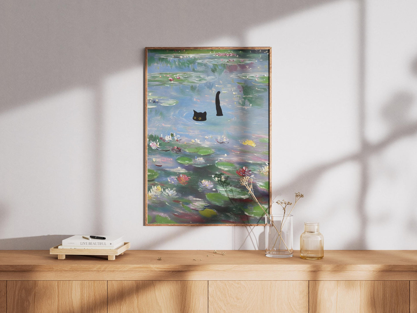 Cat Art Monet Waterlily Print, Claude Monet Style, Impressionist Wall Art, Black Cat Lover Gift, Pond Decor, Quirky Animal Painting