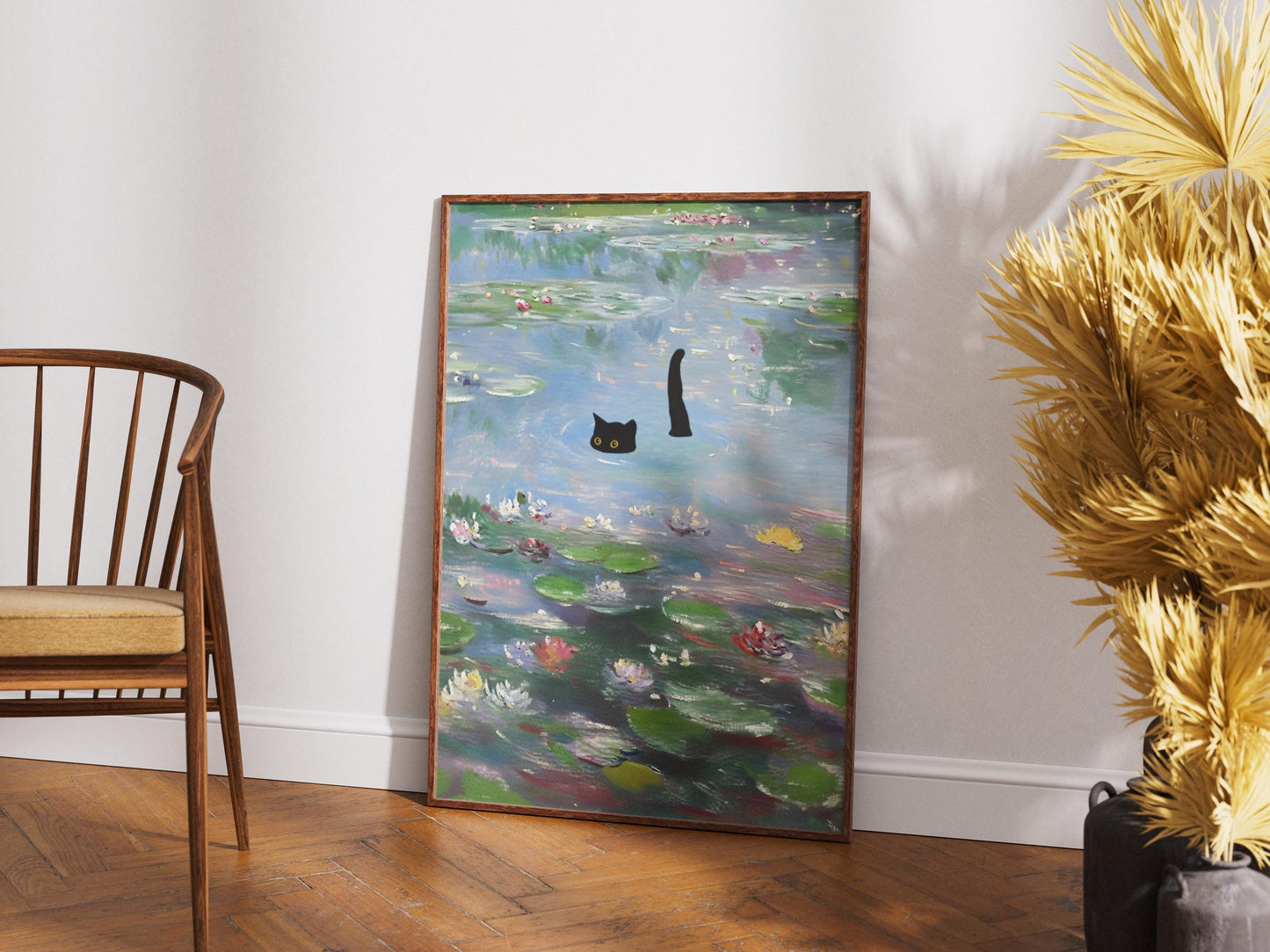 Cat Art Monet Waterlily Print, Claude Monet Style, Impressionist Wall Art, Black Cat Lover Gift, Pond Decor, Quirky Animal Painting