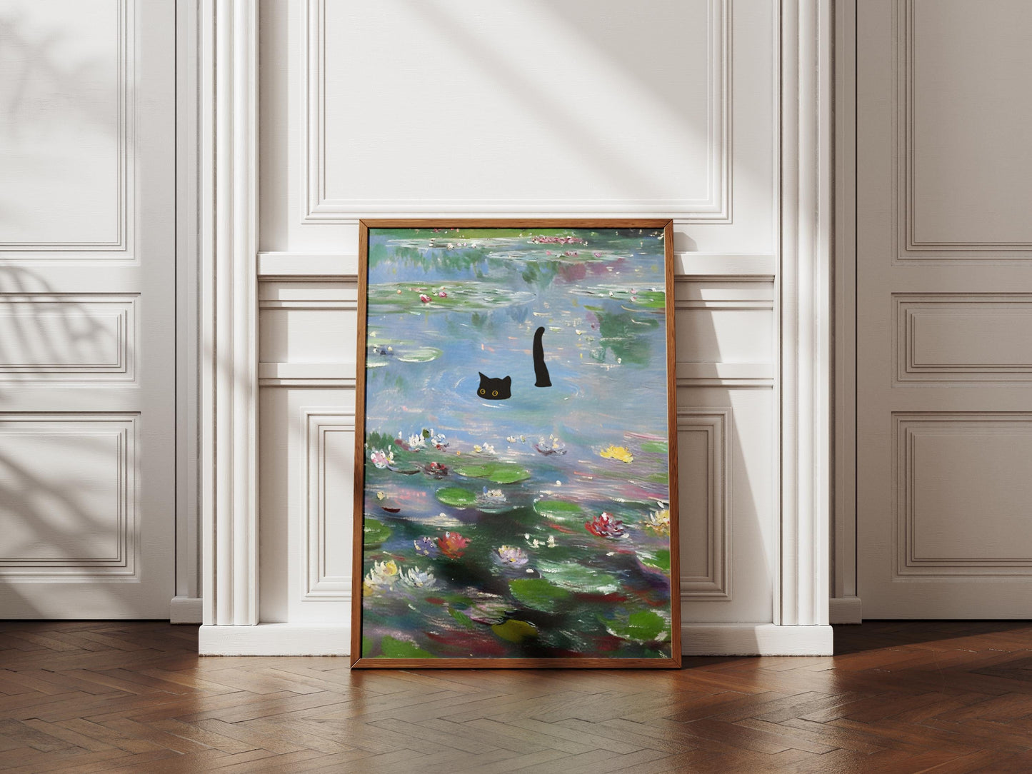 Cat Art Monet Waterlily Print, Claude Monet Style, Impressionist Wall Art, Black Cat Lover Gift, Pond Decor, Quirky Animal Painting