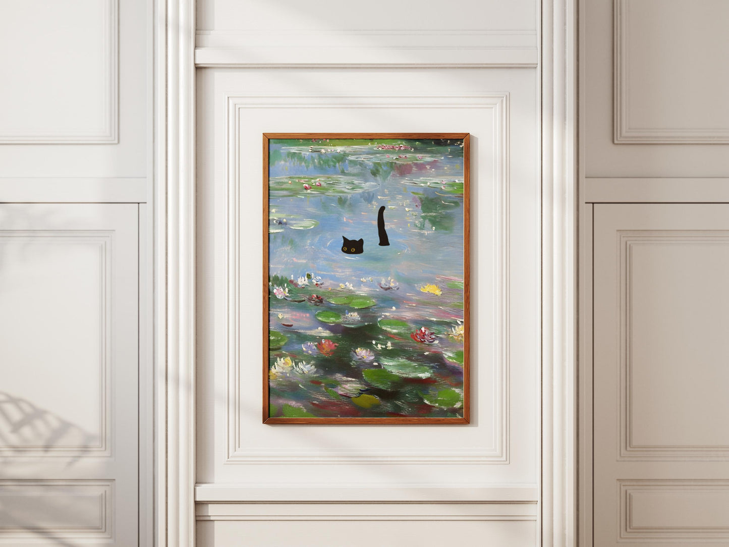 Cat Art Monet Waterlily Print, Claude Monet Style, Impressionist Wall Art, Black Cat Lover Gift, Pond Decor, Quirky Animal Painting