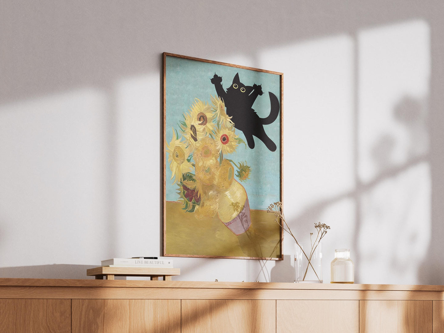 Cat Print Wall Art Poster - Van Gogh Sunflowers Still Life Funny Gift for Cat Lovers, Unique Home Decor, Poster Print
