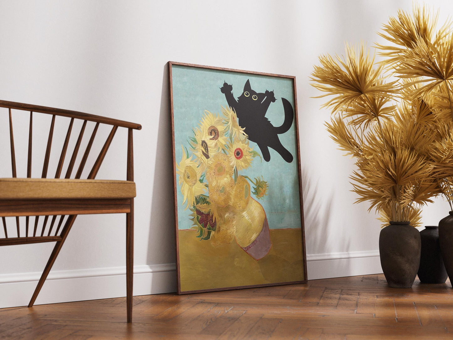 Cat Print Wall Art Poster - Van Gogh Sunflowers Still Life Funny Gift for Cat Lovers, Unique Home Decor, Poster Print