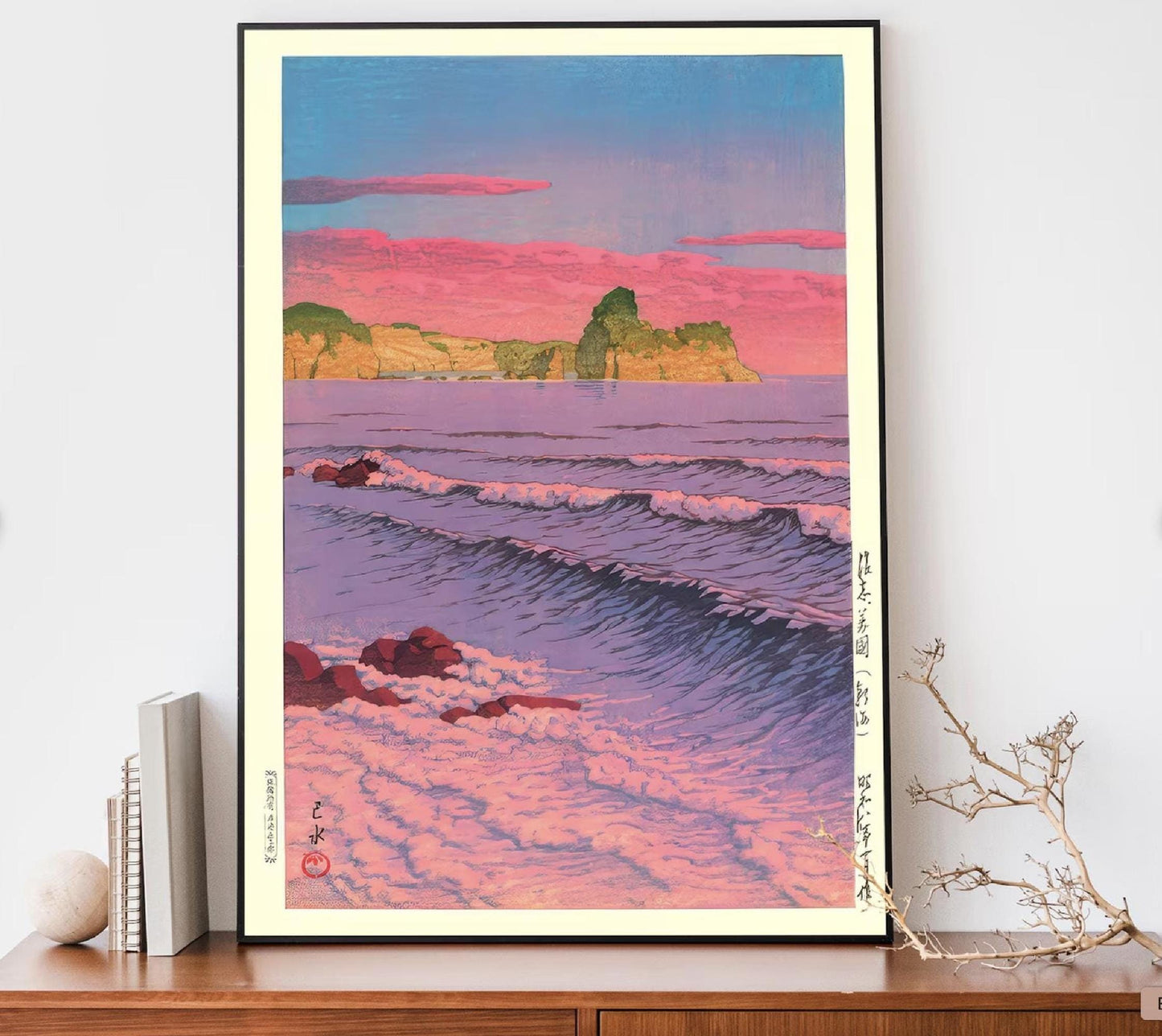 Japanese Poster Kawase Hasui Woodblock Art Morning Sea at Shiribeshi Japandi Decor Ocean Wall Art Print