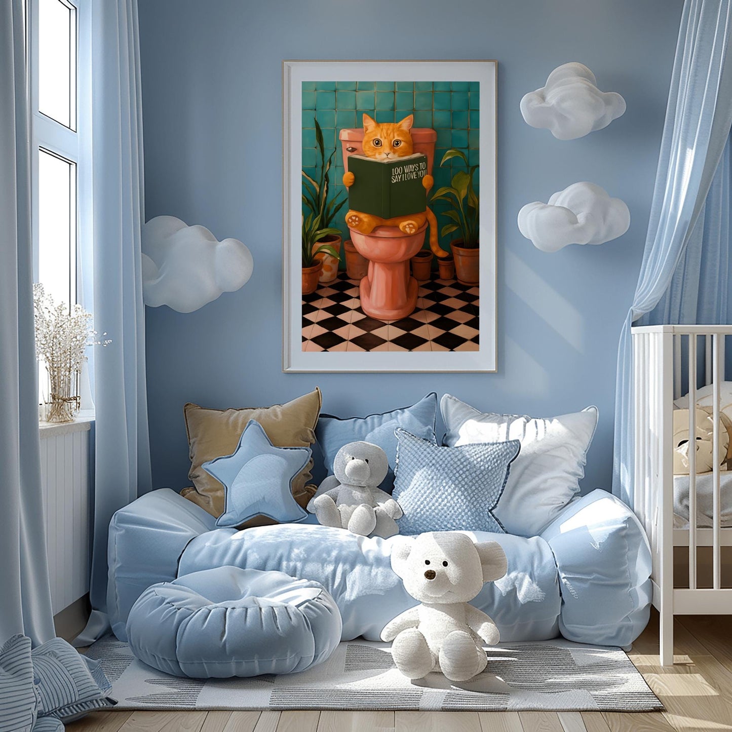 Funny Cat Print Poster for Bathroom Decor, Pink Pooping Cat Wall Art, Poster Art