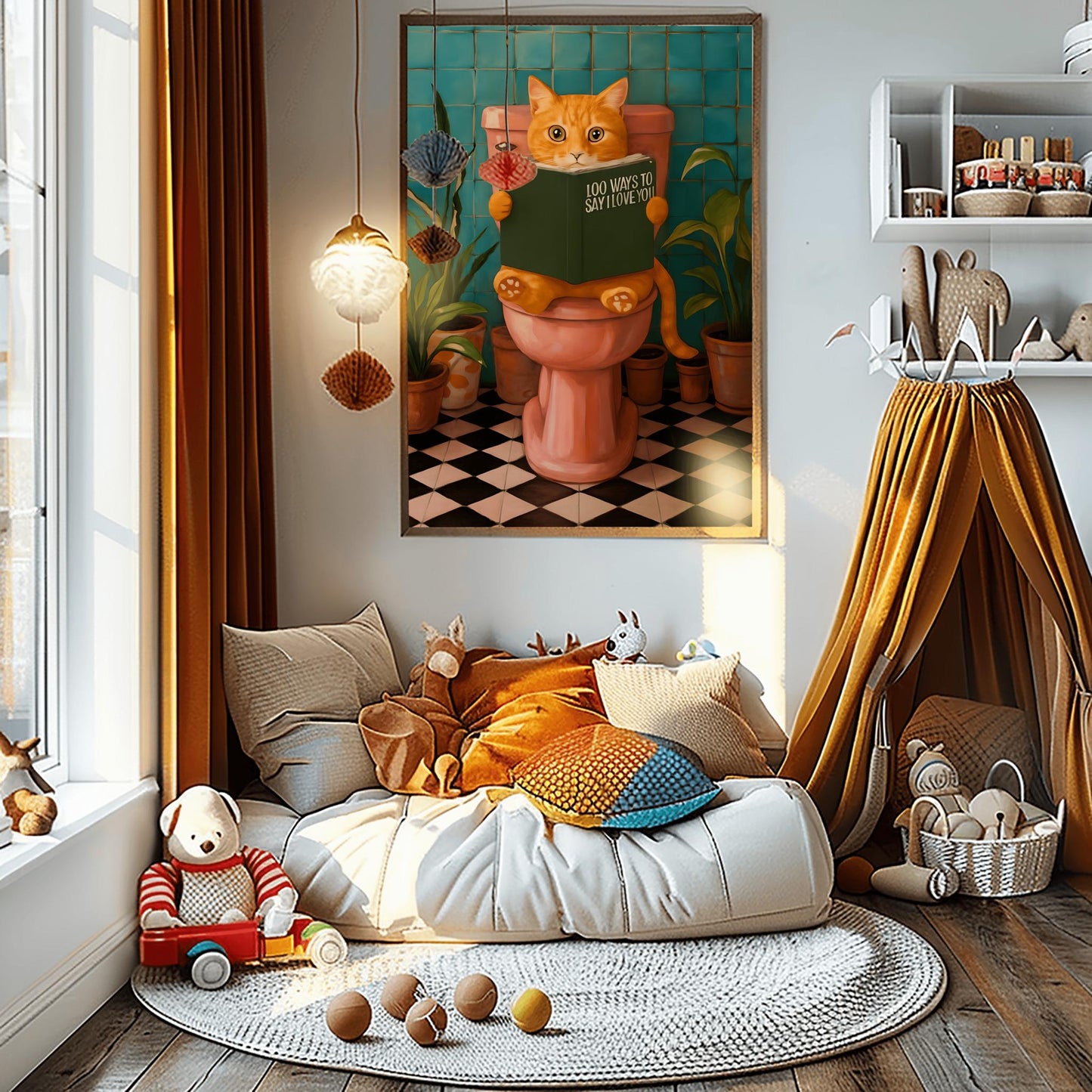 Funny Cat Print Poster for Bathroom Decor, Pink Pooping Cat Wall Art, Poster Art