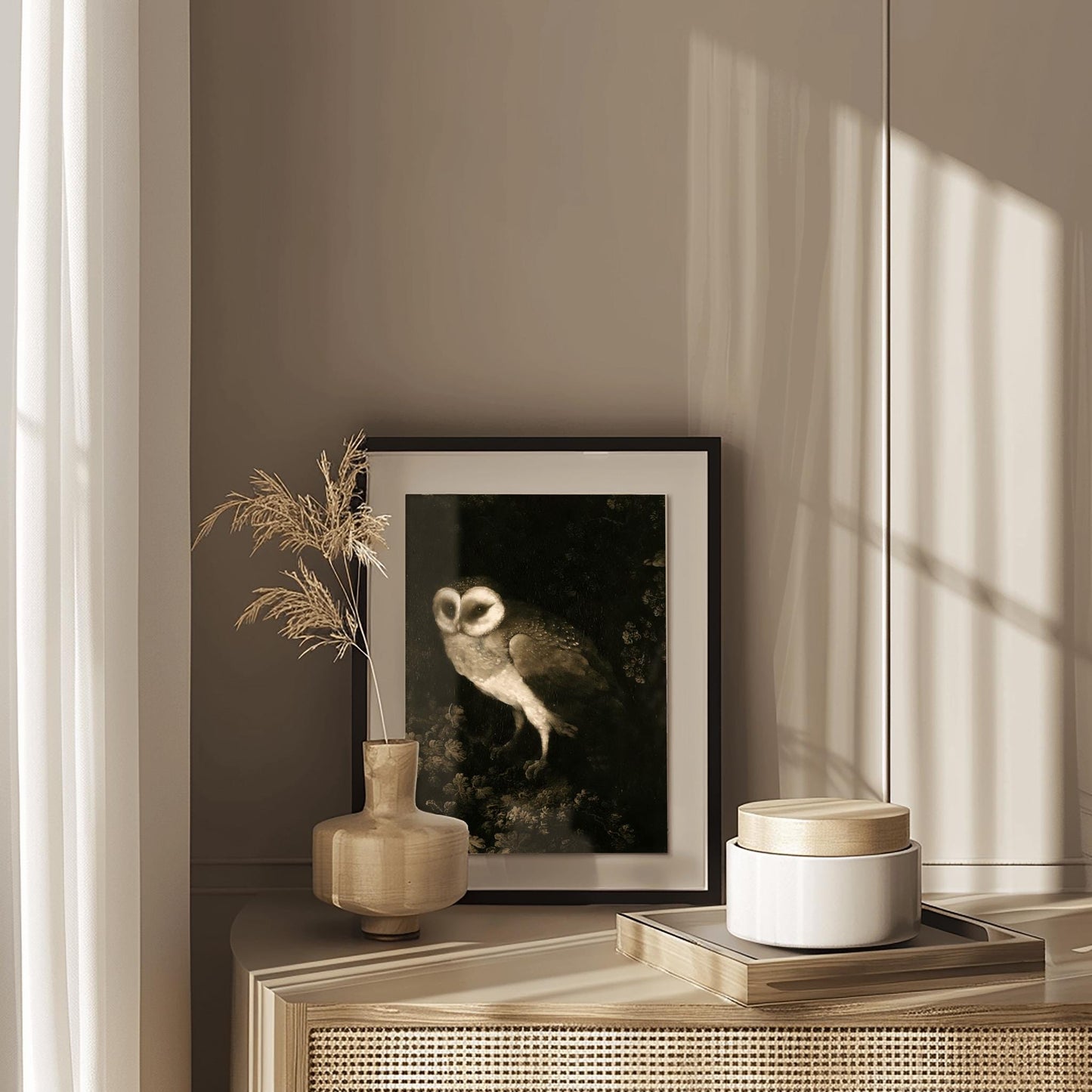 Antique Owl Painting, Vintage Animal Wall Art, Dark Academia Print, Moody Rustic Bird, Poster Print, Aesthetic Folk Art