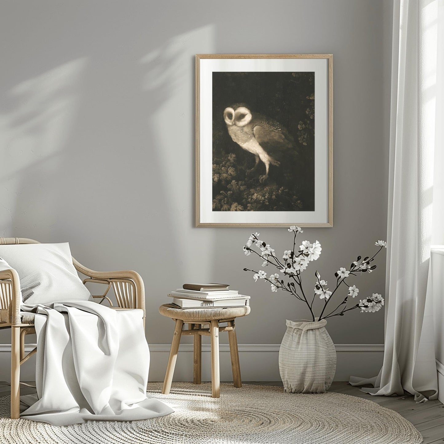 Antique Owl Painting, Vintage Animal Wall Art, Dark Academia Print, Moody Rustic Bird, Poster Print, Aesthetic Folk Art