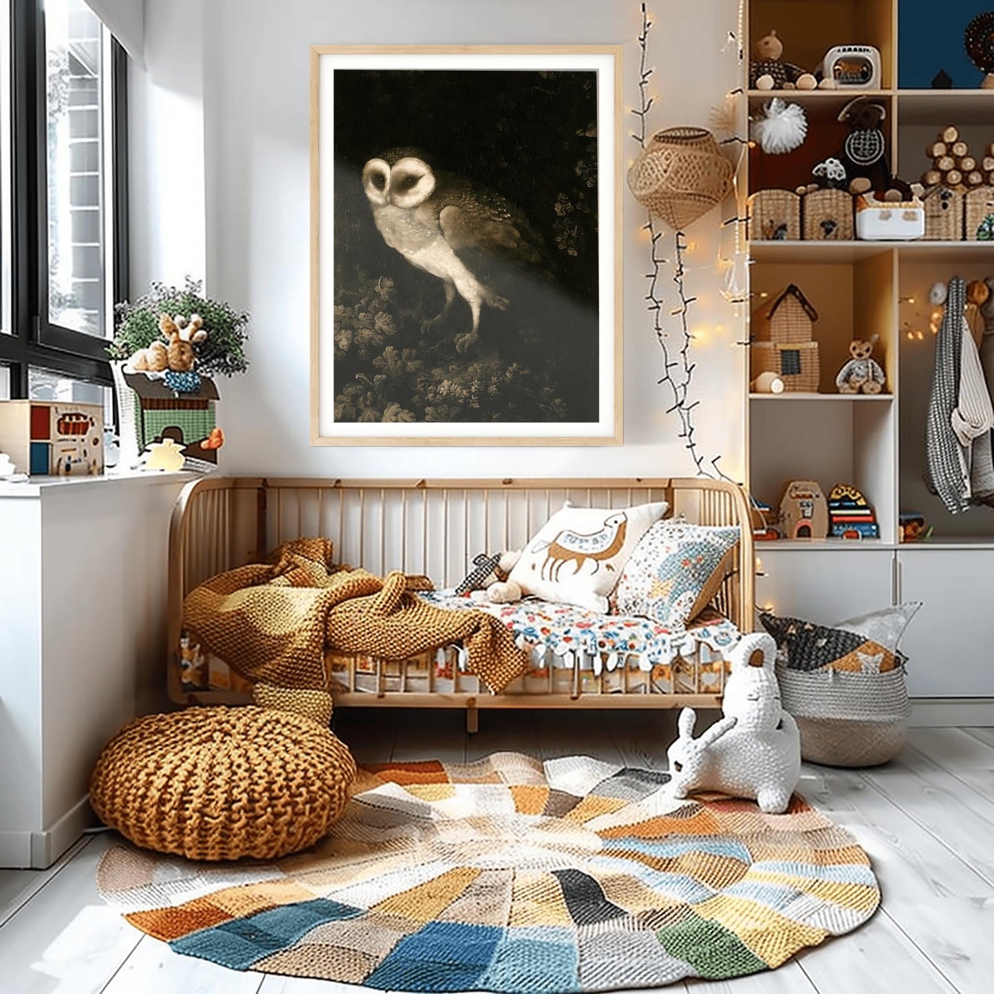 Antique Owl Painting, Vintage Animal Wall Art, Dark Academia Print, Moody Rustic Bird, Poster Print, Aesthetic Folk Art
