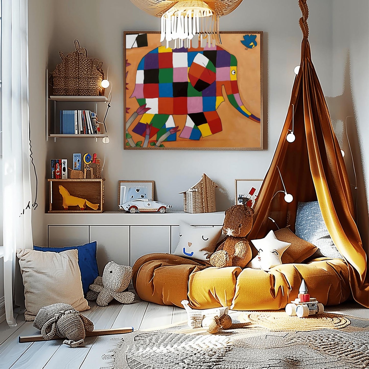 Elmer The Elephant Wall Art, Nursery Poster Print, Kids Room Decor, Playful Cartoon Illustration, Baby Gift, Physical Art Print, Colourful
