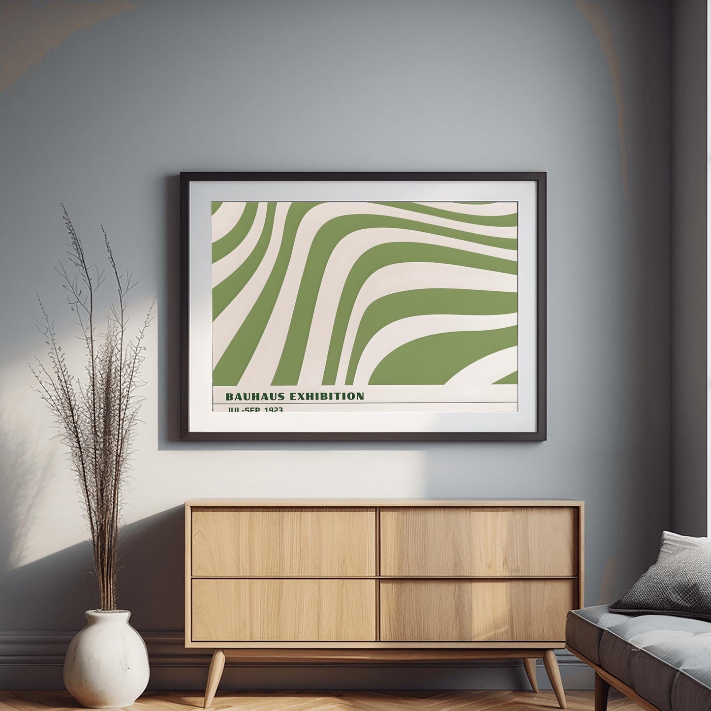 Sage Green Horizontal Bauhaus Poster Print | Mid Century Modern Minimalist Abstract Wall Art | Geometric Exhibition Living Room Above Bed