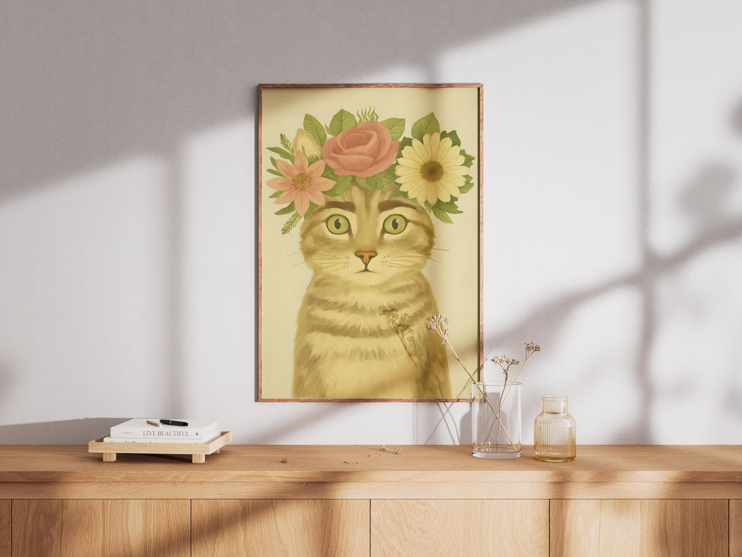 Frida Kahlo Cat Art Poster, Frida With Roses Print, Mexican Art, Modern Pink Wall Decor, Feminist Art Gift, Unframed Museum Quality