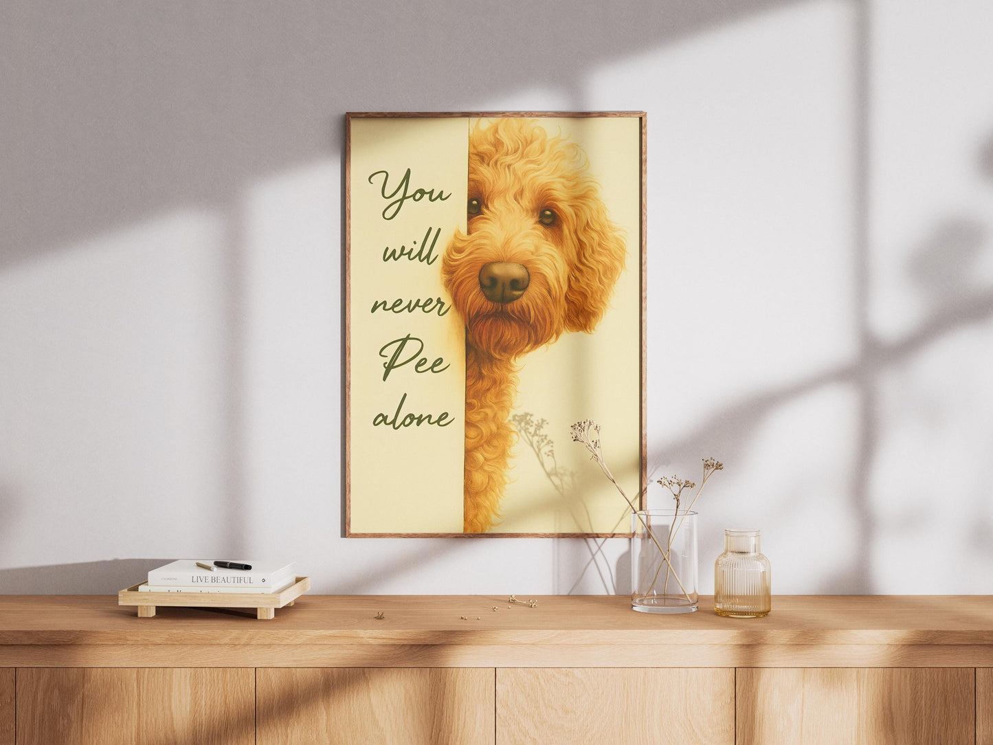 Funny Goldendoodle Bathroom Art, "You Will Never Pee Alone" Print, Dog Lover Gift, Humorous Pet Wall Decor, Golden Doodle Poster, Poster
