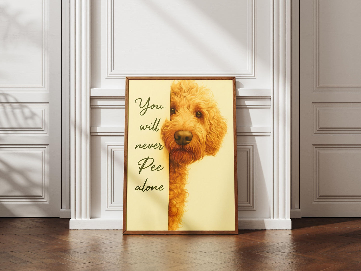 Funny Goldendoodle Bathroom Art, "You Will Never Pee Alone" Print, Dog Lover Gift, Humorous Pet Wall Decor, Golden Doodle Poster, Poster